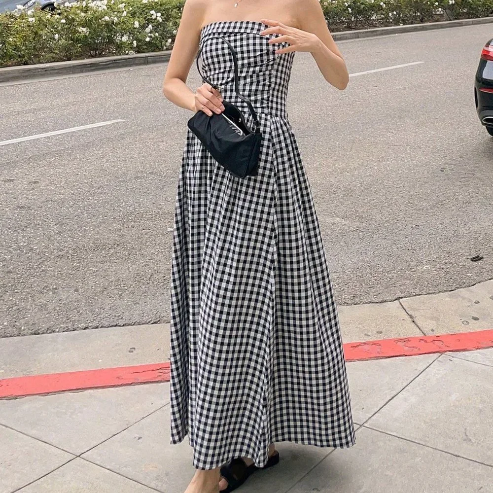 Black & White Preppy Womens Gingham Print Tube Dress - Picture 2 of 5